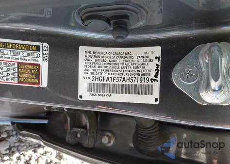 2010 Honda Civic Lx z USA, uszkodzony, nr VIN 2HGFA1F57AH571919